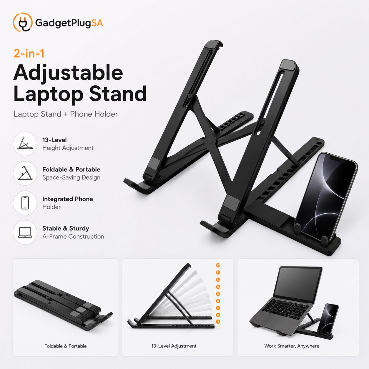 Adjustable Foldable Laptop Stand with Phone Holder