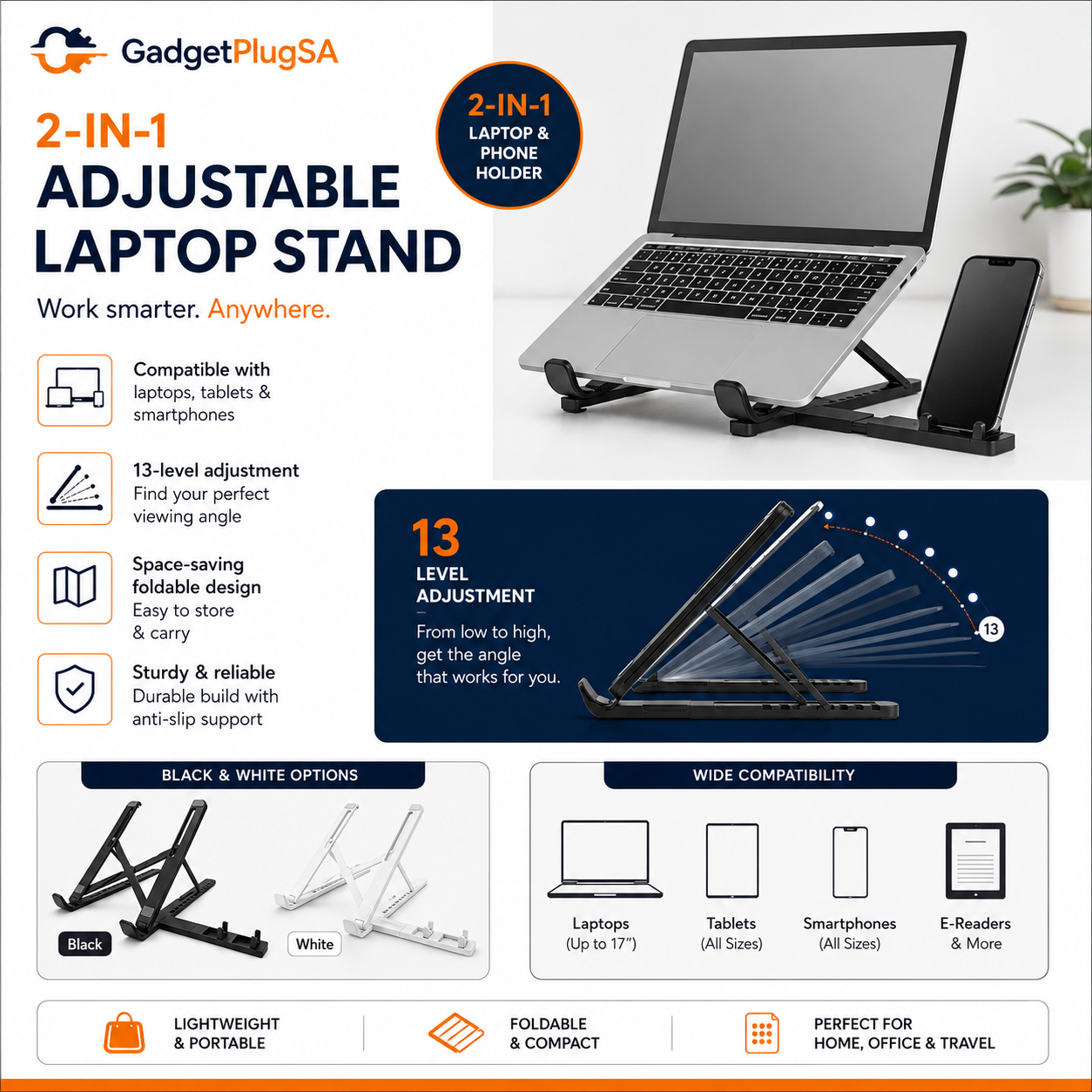Adjustable Foldable Laptop Stand with Phone Holder - Image 2