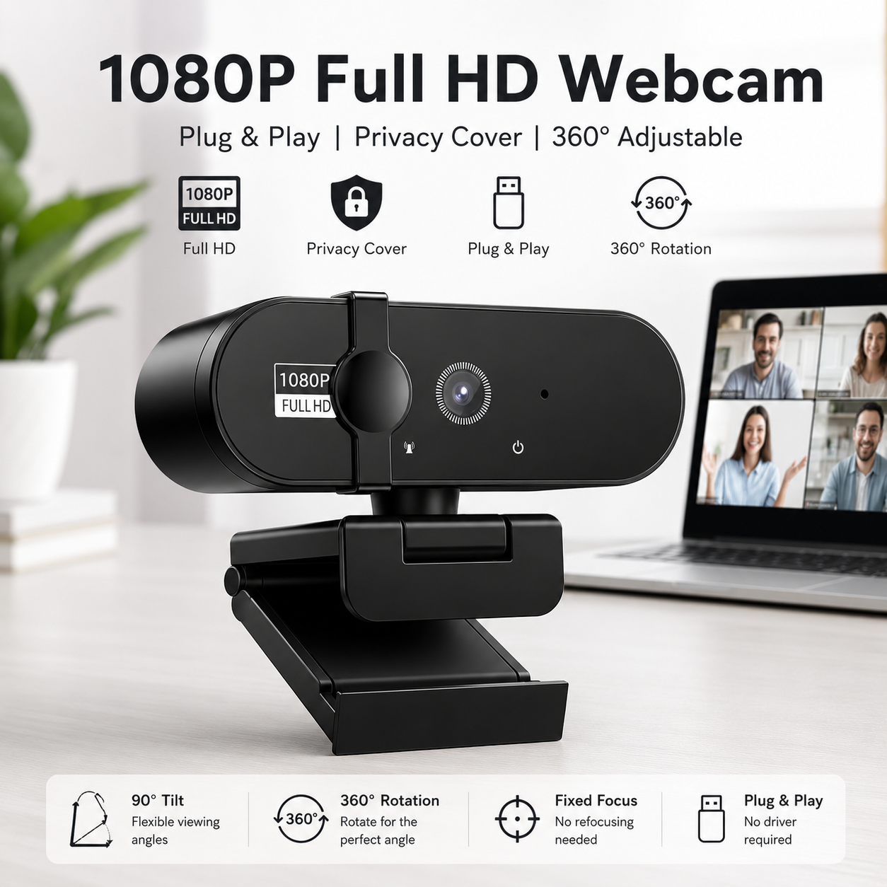Full HD 1080P Webcam with Privacy Cover