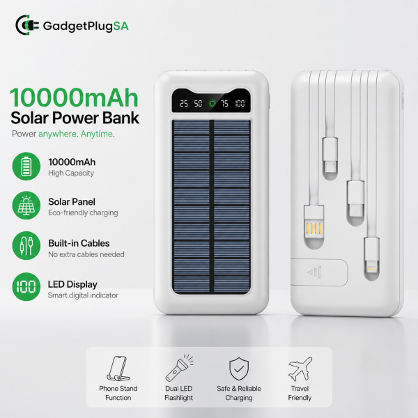 10000mAh Solar Power Bank with Built-in Cables