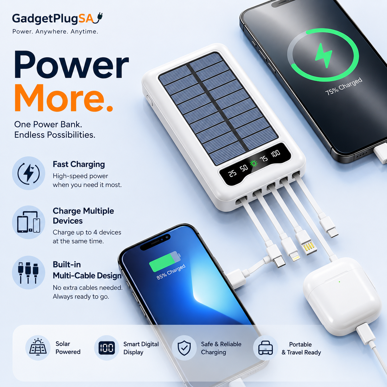 10000mAh Solar Power Bank with Built-in Cables - Image 4