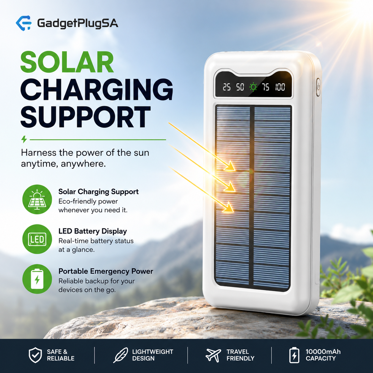 10000mAh Solar Power Bank with Built-in Cables - Image 3