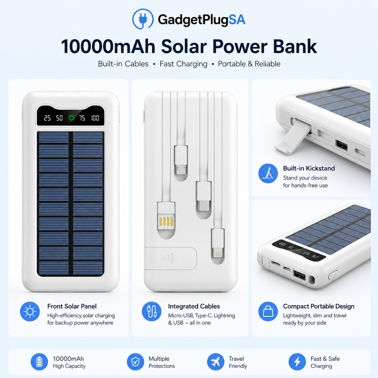 10000mAh Solar Power Bank with Built-in Cables - Image 2